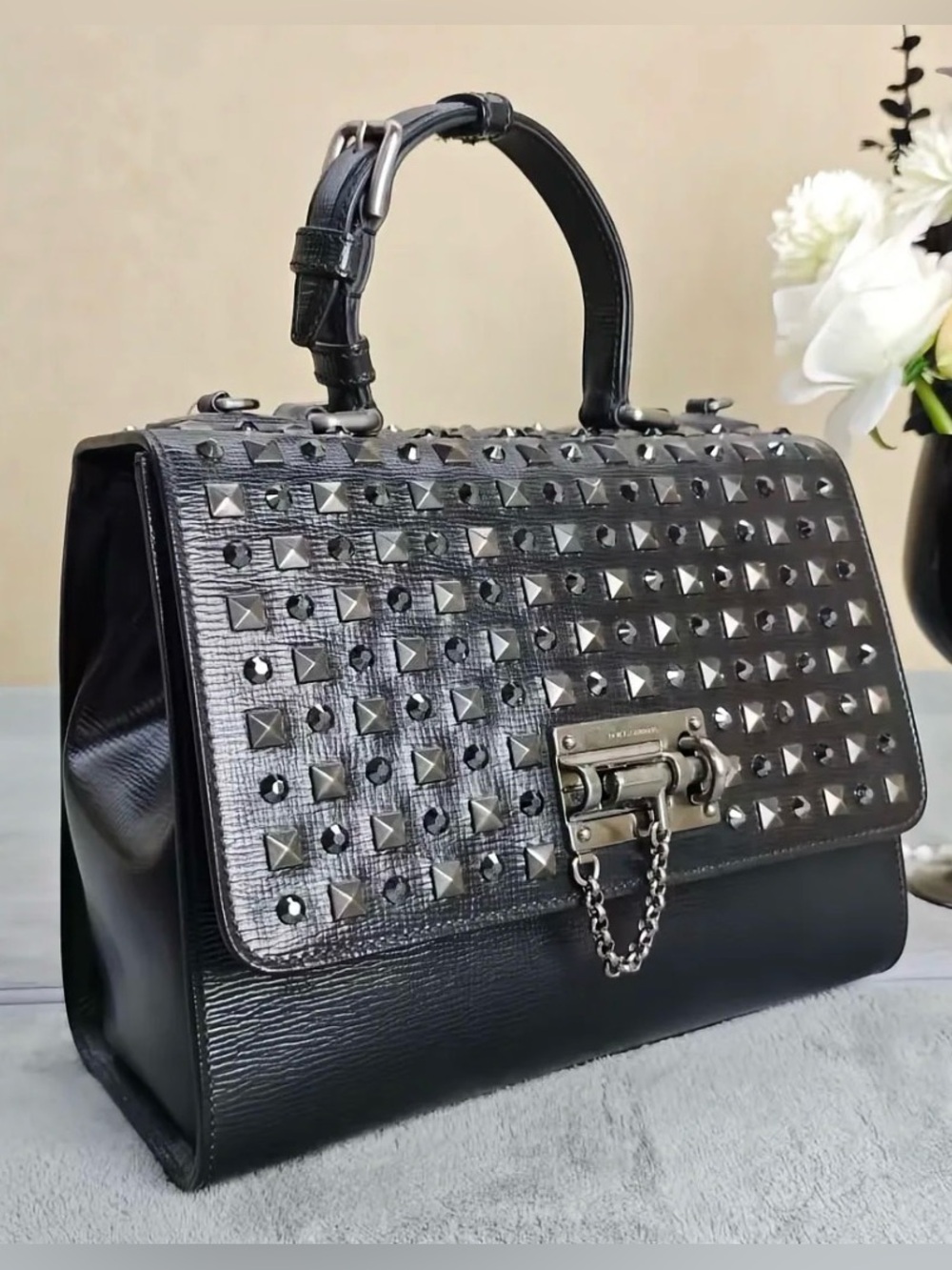 Dolce & Gabbana Miss Monica Black Studded Leather Top Handle Satchel with strap - Picture 2 of 9